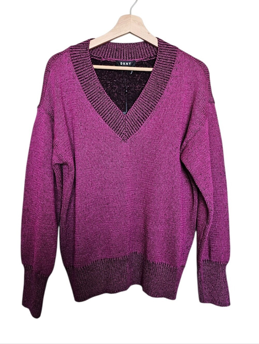 DKNY Women's V-Neck Acrylic Blend Knit Shimmer Sweater in Purple